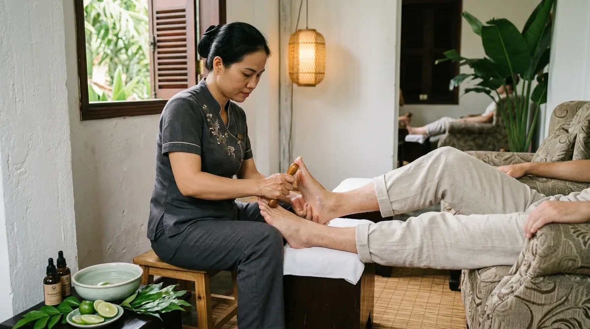 Therapist providing a relaxing pedicure treatment near Hoi An Ancient Town