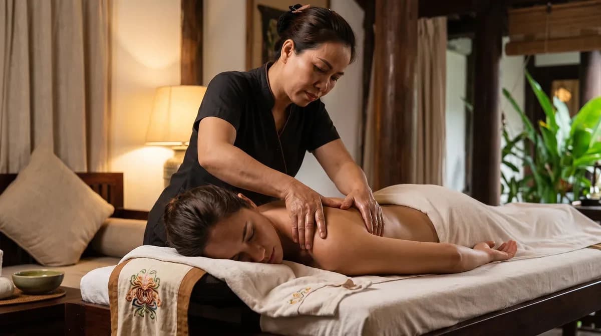 Therapist massaging a guest’s back and shoulders in a spa treatment room