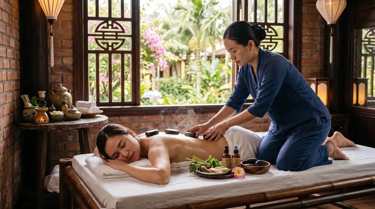 Therapist giving a hot stone back massage beside a tray of herbs and spa products