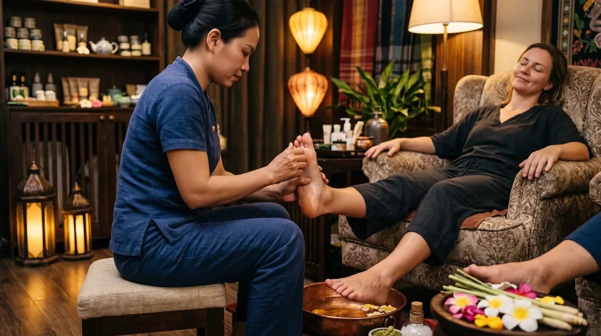 Therapist massaging a guest’s foot beside a herbal foot-soak bowl