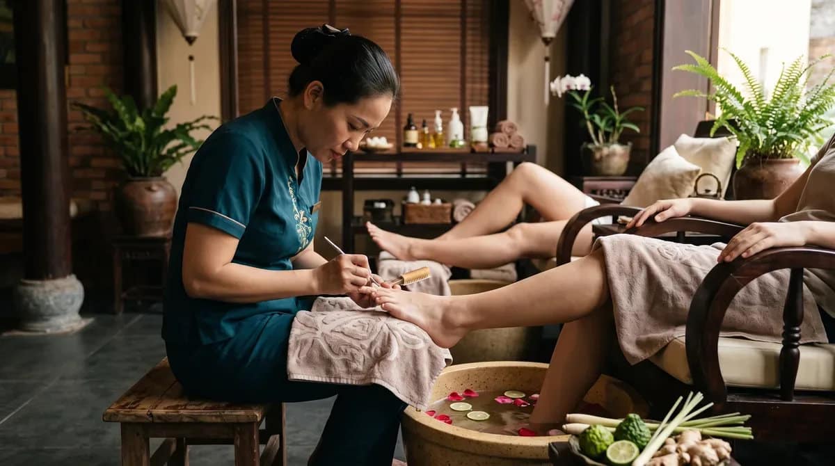 Technician caring for a guest’s toenails beside a herbal foot-soak bowl
