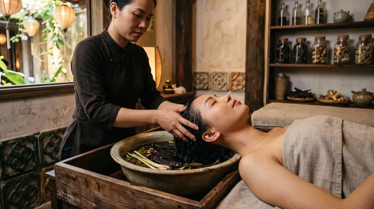 Herbal hair wash with a therapist massaging a guest’s scalp